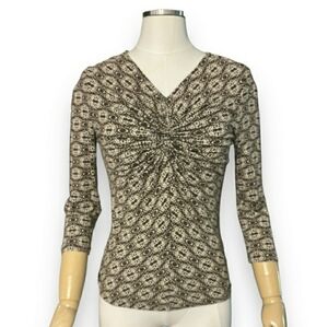 MICHAEL KORS Ruched Neck 3/4 Sleeve Top Abstract Print